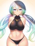  1girl arms_behind_back bare_shoulders bikini black_bikini breasts closed_mouth commentary_request covered_collarbone cowboy_shot cupitan_(granblue_fantasy) cupitan_(summer)_(granblue_fantasy) floating_hair gradient_hair granblue_fantasy green_eyes groin hair_between_eyes hair_ornament highres large_breasts long_hair looking_at_viewer low_twintails luupechi midriff multicolored_eyes multicolored_hair navel rainbow_hair sideboob sidelocks smile solo standing swimsuit taut_clothes taut_swimsuit twintails white_background 