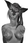  2020 akrolayn anthro areola black_nose breasts bust_portrait clothed clothing digital_media_(artwork) digital_painting_(artwork) facial_piercing fangs felid feline female front_view grey_body grey_ears grey_hair grey_sclera greyscale hair light lighting looking_aside mammal medium_breasts monochrome nipple_piercing nipples nose_piercing nose_ring nude piercing portrait ring_piercing sabertooth_(anatomy) shaded simple_background solo teeth topless white_background white_eyes 