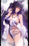  1girl :p absurdres animal_ear_fluff animal_ears azur_lane bare_shoulders black_hair blush breasts claws cleavage facial_mark fox_ears fox_girl fox_tail hair_ornament highres jewelry large_breasts long_hair looking_at_viewer magatama magatama_necklace musashi_(azur_lane) necklace one-piece_swimsuit ren_(2993) single_bare_shoulder solo swimsuit tail tomoe_(symbol) tongue tongue_out very_long_hair yellow_eyes 