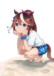  1girl alternate_costume animal_ears barefoot blue_eyes blue_shorts bow brown_hair floral_print gaze_on_me!_outfit_(umamusume) hair_between_eyes hair_bow head_on_hand highres horse_ears horse_girl horse_tail long_hair midriff_peek moko39_takasora multicolored_hair ponytail print_shorts scrunchie shirt short_sleeves shorts sidelocks smile squatting t-shirt tail tokai_teio_(umamusume) translation_request two-tone_hair umamusume white_hair white_shirt wrist_scrunchie 