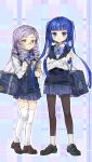  2girls :3 bag blue_bow blue_bowtie blue_eyes blue_hair blue_skirt blue_sweater_vest blunt_bangs book bow bowtie collared_shirt colored_eyelashes commentary_request crossed_arms dlanor_a._knox drill_hair full_body furudo_erika ghkdakrh1129 glasses highres holding holding_book holding_strap korean_commentary light_blush light_purple_hair loafers long_hair long_sleeves looking_at_viewer medium_hair multiple_girls outline pantyhose parted_lips pleated_skirt quad_drills school_bag school_uniform semi-rimless_eyewear shirt shoes shoulder_bag side-by-side sidelocks skirt socks sweater_vest swept_bangs thighhighs two_side_up umineko_no_naku_koro_ni under-rim_eyewear very_long_hair white_outline white_shirt white_thighhighs yellow_eyes zettai_ryouiki 