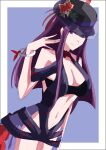  absurdres bikini black_headwear breasts cleavage cleavage_cutout clothing_cutout fire_emblem fire_emblem_engage fire_emblem_heroes flower hat hat_flower highres ivy_(fire_emblem) ivy_(summer)_(fire_emblem) long_hair looking_at_viewer midriff navel official_alternate_costume purple_eyes purple_hair simple_background swimsuit to_(tototo_tk) 