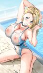  1girl armpits arms_up asahina_hikage bare_shoulders barefoot blonde_hair blue_eyes blurry blurry_background blush breasts cleavage collarbone competition_swimsuit covered_navel dutch_angle highleg highleg_swimsuit highres large_breasts long_hair nipples one-piece_swimsuit original parted_bangs pool poolside see-through seiza sitting smile solo swimsuit thighs water wet 