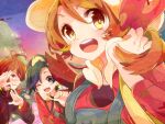  1girl 2boys backwards_hat baseball_cap black_hair black_jacket black_shirt blue_overalls blush brown_eyes brown_hair cabbie_hat covering_face embarrassed ethan_(pokemon) grey_eyes hand_up hat jacket long_sleeves lyra_(pokemon) multiple_boys nicole_(usako) one_eye_closed open_mouth outdoors overalls pokemon pokemon_(game) pokemon_hgss red_hair red_ribbon red_shirt red_trim ribbon shirt silver_(pokemon) teeth twintails upper_teeth_only wavy_mouth 