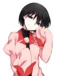  1girl black_eyes black_hair black_necktie black_undershirt bob_cut breasts closed_mouth collarbone commentary empty_eyes hair_over_eyes hand_on_own_cheek hand_on_own_face hands_up head_tilt juliet_sleeves long_sleeves looking_at_viewer monogatari_(series) naoetsu_high_school_uniform narrowed_eyes necktie oshino_ougi pale_skin pink_shirt puffy_sleeves school_uniform shirt short_hair shoutai_(mtj5n) simple_background sketch sleeves_past_fingers sleeves_past_wrists small_breasts smile solo upper_body very_long_sleeves white_background 