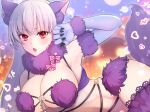  1girl animal_ears bare_shoulders blush bow breasts cleavage cosplay elbow_gloves fate/grand_order fate_(series) fufufu_hehehe fur-trimmed_gloves fur-trimmed_legwear fur_collar fur_trim gloves highres kama_(fate) lace-trimmed_legwear lace_trim large_breasts long_hair looking_at_viewer mash_kyrielight mash_kyrielight_(dangerous_beast) mash_kyrielight_(dangerous_beast)_(cosplay) o-ring open_mouth purple_gloves purple_thighhighs red_eyes revealing_clothes tail thighhighs white_hair wolf_ears wolf_tail 