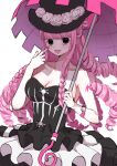  1girl bare_shoulders bat_tattoo black_dress black_eyes black_headwear breasts cleavage dress drill_hair flower gothic_lolita hat hat_flower highres holding holding_umbrella large_breasts lolita_fashion long_hair looking_at_viewer medium_breasts mochi_mochi052 one_piece perona pink_hair pink_tattoo rose shoulder_tattoo simple_background sleeveless smile solo tattoo tongue tongue_out umbrella very_long_hair watch white_background white_flower white_rose wristwatch 