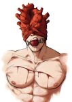  1boy absurdres bara blood cloth_gag cropped_torso cuts dorohedoro drooling gag gagged highres improvised_gag injury large_pectorals male_focus mask_pull muscular muscular_male over_the_mouth_gag pectorals shin_(dorohedoro) smokerichi solo teeth 