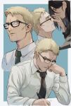  2boys alternate_costume bespectacled blonde_hair blush brown_hair collage collared_shirt eren_yeager eye_contact glasses goatee_stubble highres large_pectorals long_hair looking_at_another male_focus motion_lines multiple_boys mustache_stubble necktie pectorals reiner_braun removing_eyewear salaryman shingeki_no_kyojin shirt short_hair sssida3 upper_body wavy_mouth writing yaoi 