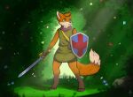  2022 5_fingers anthro anticipation artist_name brown_eyes brown_nose canid canine clothed clothing detailed_background digital_media_(artwork) dipstick_tail fingers fox fur hair hi_res holding_object holding_shield holding_sword holding_weapon iceukat kerchief looking_up male mammal markings melee_weapon multicolored_body multicolored_fur multicolored_tail neckerchief orange_body orange_fur orange_hair orange_tail pose purple_kerchief purple_neckerchief red_fox ruin_seeker shield solo sword tail tail_markings tunic tunic_(video_game) two_tone_body two_tone_tail weapon white_body white_fur white_tail_tip 