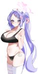  1girl absurdres bikini black_bikini blue_archive blue_eyes blush breasts cleavage cowboy_shot hanae_(blue_archive) highres large_breasts long_hair looking_at_viewer purple_hair showtime775 simple_background solo swimsuit thighhighs white_background white_thighhighs 