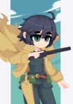  1girl ahoge androgynous belt belt_buckle belt_pouch black_eyes black_hair brown_belt buckle cloud green_eyes gun holding holding_gun holding_weapon jacket kino_(kino_no_tabi) kino_no_tabi long_sleeves minimilieu pixel_art pouch shirt short_hair solo standing trigger_discipline upper_body weapon 