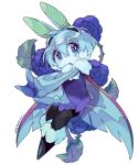  anthro arthropod blue_eyes blue_hair blush dated flower fur hair hi_res insect lepidopteran male maru_show moth mothman_(maru_show) open_mouth plant pose purple_body purple_fur rose_(flower) simple_background solo watermark white_background wings 