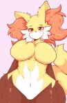  anthro blush breasts delphox female fur generation_6_pokemon hi_res looking_at_viewer nintendo nude pokemon pokemon_(species) red_eyes simple_background solo squidgum yellow_body yellow_fur 