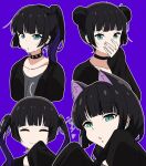  1girl absurdres alternate_hairstyle animal_ears aqua_eyes black_cardigan black_choker black_hair bocchi_the_rock! cardigan cat_ears chin_piercing choker collarbone colored_inner_hair commentary_request covering_mouth double_bun ear_piercing goumonsha hair_bun hand_over_own_mouth highres hime_cut long_hair multicolored_hair multiple_views open_cardigan open_clothes pa-san piercing ponytail purple_background purple_hair spiked_choker spikes twintails two-tone_hair 