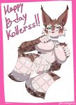  anthro big_breasts blep breasts brown_body brown_fur cheek_tuft clothed clothing covering covering_breasts facial_tuft felid feline female fishnet fishnet_legwear fur happy_birthday hi_res legwear lingerie lynx mammal narrowed_eyes sem-l-grim solo spread_legs spreading stockings thick_thighs thong tongue tongue_out topless tuft underwear white_clothing white_lingerie zeha 