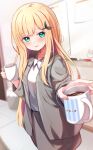  1girl baram black_ribbon black_skirt blonde_hair blurry blurry_background blurry_foreground closed_mouth coffee collared_shirt commentary_request cup depth_of_field green_eyes grey_jacket hair_ornament hair_ribbon hairclip highres holding holding_cup indoors jacket long_hair mononobe_alice mug nijisanji open_clothes open_jacket ribbon shirt skirt smile solo standing steam trash_can very_long_hair virtual_youtuber white_shirt whiteboard 