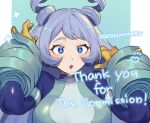  1girl :o artist_name blue_bodysuit blue_eyes blue_hair bodysuit boku_no_hero_academia breasts commission drill_hair green_background green_bodysuit hadou_nejire hair_horns hands_up large_breasts long_hair looking_at_viewer open_mouth solo sparkle thank_you upper_body white_background wosashimi 