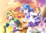  2girls :d ahoge blonde_hair blue_eyes blue_hair bow breasts brick_wall brown_footwear cleavage cloud cloudy_sky delphinium_(flower_knight_girl) flower_knight_girl frilled_skirt frills green_eyes hair_between_eyes hair_ornament jacket loafers medium_hair multicolored_hair multiple_girls official_art outdoors outstretched_arms plaid plaid_skirt pleated_skirt purple_bow purple_hair purple_skirt rananculus_(flower_knight_girl) running shirt shoes skirt sky smile streaked_hair sunset thighhighs umeko_machi v-shaped_eyebrows white_jacket white_shirt white_thighhighs 