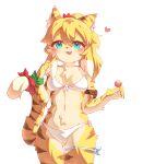  1girl :3 animal_ear_fluff animal_ears animal_nose aqua_eyes ass_visible_through_thighs bikini black_fur blonde_hair blush body_fur breasts cameltoe candy cleavage cowboy_shot fang finger_to_cheek food furry furry_female green_ribbon hair_between_eyes hands_up heart highres holding holding_candy holding_food holding_lollipop lalamedli lollipop looking_at_viewer medium_hair mia_(world_flipper) navel open_mouth ponytail red_ribbon ribbon side-tie_bikini_bottom simple_background skin_fang small_breasts solo swimsuit tail tail_ornament tail_raised tail_ribbon thigh_gap thigh_strap tiger_ears tiger_girl tiger_stripes tiger_tail white_background white_bikini white_fur world_flipper wrist_ribbon yellow_fur 