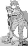  2023 4_toes 5_fingers ammo_box ammunition anthro army_uniform automatic_rifle bottomwear claws clothing dragon feet female fingers gun hi_res horn keizul_(dragon) leaning_on_gun looking_at_viewer magazine magazine_pouch mbf-p02 monochrome pants pose ranged_weapon simple_background solo tactical_gear toes weapon wings 