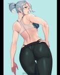  1girl absurdres ass back black_pants blue_eyes breasts from_behind grey_hair hand_on_own_hip highres jett_(valorant) kagematsuri looking_back medium_breasts pants panty_straps parted_lips ponytail revision solo sports_bra thigh_gap tight_clothes tight_pants valorant yoga_pants 