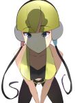  1girl bare_arms black_leggings black_shirt blonde_hair blunt_bangs breasts cable closed_mouth collarbone commentary_request elesa_(pokemon) eyelashes grey_eyes headphones highres leggings looking_up muratsuki_miyama penis_shadow pokemon pokemon_(game) pokemon_bw shirt short_hair solo vest white_background yellow_vest 