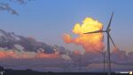  artist_name blue_sky building cloud evening gradient_sky highres no_humans orange_sky original outdoors scenery sky wind_turbine yucong_tang 