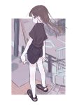  1girl absurdres black_eyes black_footwear black_shirt black_shorts brown_hair closed_mouth commentary_request from_side highres long_hair looking_at_viewer original outdoors railing sandals shirt shoes short_sleeves shorts sidewalk solo standing yunoki_itsugu 
