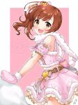  1girl :d arm_guards bare_shoulders belt blush bow breasts brown_belt brown_eyes brown_hair crop_top cropped_shirt dot_nose frilled_shirt frills from_side funxy_k fur-trimmed_shirt fur-trimmed_skirt fur_scarf fur_trim gloves hair_bow hair_ribbon highres idolmaster idolmaster_cinderella_girls idolmaster_cinderella_girls_starlight_stage igarashi_kyoko long_hair looking_at_viewer medium_breasts merry_christmas midriff open_mouth pink_background pink_gloves pink_mittens pink_ribbon pink_shirt pink_skirt ribbon shirt side_ponytail signature skirt smile snow solo speech_bubble 
