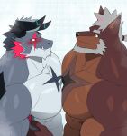  abs absurd_res anthro blush brown_body brown_fur canid canine canis clothed clothing domestic_dog dragon duo fur giansar gohki_shiranui grey_body grey_hair hair hi_res horn lifewonders live_a_hero male male/male mammal mature_male muscular muscular_anthro muscular_male pec_frottage pecs scar topless vein veiny_muscles white_hair 