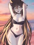  arms_behind_head arms_up bare_shoulders beach bikini black_choker blush breasts brown_eyes brown_hair choker cleavage collarbone contrapposto cowboy_shot english_text evening hair_between_eyes hair_over_breasts heart heart-shaped_pupils heart_choker highres large_breasts long_hair looking_at_viewer navel open_mouth original sketch sky_above_me smile strapless strapless_bikini swimsuit symbol-shaped_pupils unfinished very_long_hair yellow_eyes 