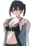  1girl absurdres black_hair black_one-piece_swimsuit breasts changing_clothes cleavage clothing_cutout double-parted_bangs embarrassed gradient_hair green_eyes green_hair hair_between_eyes highres kawai_ritsu_(rits_meg) looking_at_viewer love_live! love_live!_nijigasaki_high_school_idol_club medium_breasts multicolored_hair navel_cutout nervous_smile official_alternate_costume one-piece_swimsuit open_mouth polka_dot polka_dot_swimsuit short_hair smile solo sweatdrop swimsuit swimsuit_under_clothes takasaki_yuu two-tone_hair 