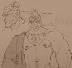  2023 beard better_version_at_paywall body_hair chest_hair clothed clothing cropped dialogue digital_media_(artwork) english_text facial_hair ganondorf gerudo hair happy_trail hi_res humanoid long_hair looking_at_viewer male mammal muscular muscular_male neckwear nintendo nipples not_furry nude pecs ponytail simple_background sketch smile solo speech_bubble tears_of_the_kingdom teeth text the_legend_of_zelda tied_hair xeoniios 