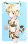  absurdres alternate_costume animal_ears bare_arms bare_shoulders bikini bikini_skirt blonde_hair blush cat_ears cat_girl cat_tail cowboy_shot drink extra_ears highres kemono_friends kemono_friends_3 looking_at_viewer midriff multicolored_hair navel orange_ardy1203 pleated_skirt print_bikini print_skirt reaching reaching_towards_viewer sand_cat_(kemono_friends) sand_cat_print short_hair skirt swimsuit tail yellow_eyes 