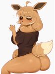  absurd_res anthro blush bottomless breasts brown_body brown_eyes brown_fur brown_hair butt clothed clothing eevee female fur galutine generation_1_pokemon hair hi_res looking_at_viewer nintendo pokemon pokemon_(species) shirt shirt_only solo tail topwear topwear_only 