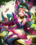  1girl :d absurdres artist_name breasts bug butterfly cleavage dappled_sunlight detached_sleeves faerie_court_seraphine fingernails gradient_hair green_eyes green_hair hair_ornament highres holding holding_microphone kamiaodeyemao leaf league_of_legends looking_at_viewer lower_teeth_only microphone multicolored_hair nail_polish nature official_alternate_costume official_alternate_hairstyle one_eye_closed open_mouth outdoors parted_bangs pink_hair seraphine_(league_of_legends) sitting smile solo sunlight teeth tree 
