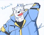  2023 anthro bear_2key belly big_belly blush canid canine canis clothed clothing domestic_dog hi_res kemono lifewonders live_a_hero male mammal one_eye_closed overweight overweight_male portrait simple_background solo text white_body wink yohack 