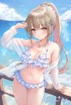  1girl arm_up ass_visible_through_thighs ayaginu_temari bare_shoulders bikini breasts brown_hair closed_mouth day flower_knot frilled_bikini frills front-tie_bikini_top front-tie_top hair_ribbon halterneck highres horizon isekai_tensei_shite_v_ni_narimashita jacket jewelry kirifrog long_hair looking_at_viewer medium_breasts mole mole_under_eye multicolored_hair navel necklace off_shoulder open_clothes open_jacket outdoors pink_eyes ponytail ribbon see-through see-through_jacket side-tie_bikini_bottom smile solo stomach string_bikini swimsuit thigh_gap thighs two-tone_hair very_long_hair virtual_youtuber wet white_bikini 