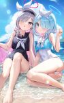  2girls absurdres arona_(blue_archive) black_one-piece_swimsuit black_sailor_collar blue_archive blue_hair blue_halo blue_pupils blush bow bow_hairband bowtie colored_inner_hair covered_navel grey_hair hair_ornament hair_over_one_eye hairband halo heart_halo highres light_blue_hair long_hair looking_at_viewer medium_hair mono_(mono_mon) multicolored_hair multiple_girls ocean one-piece_swimsuit open_mouth pink_halo pink_pupils plana_(blue_archive) red_halo red_pupils ribbon sailor_collar smile swimsuit white_hairband white_one-piece_swimsuit white_sailor_collar 