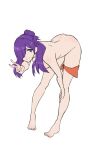  1girl absurdres ass convenient_censoring fire_emblem fire_emblem:_three_houses fire_emblem_warriors:_three_hopes grimmelsdathird hair_bun hair_over_one_eye highres nude purple_eyes purple_hair shez_(female)_(fire_emblem) shez_(fire_emblem) single_hair_bun solo v 