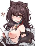  1girl ? anger_vein animal_ears arknights artist_name between_breasts blush braid breasts breasts_out brown_hair brown_jacket clenched_teeth collarbone ctoh_(chewandhamper) dress fur-trimmed_jacket fur_trim highres jacket jewelry long_hair looking_at_viewer lunacub_(arknights) medium_breasts mole mole_on_arm necklace nipples open_clothes open_jacket parted_lips side_braid sideboob simple_background solo teeth upper_body v-shaped_eyebrows white_background white_dress wolf_ears yellow_eyes 