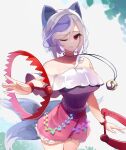  1girl animal_ears dog_ears dog_girl dog_tail extra_tails foothold_trap frilled_skirt frills grey_hair highres jewelry kaliningradg mitsugashira_enoko multicolored_hair multiple_tails off-shoulder_shirt off_shoulder open_mouth pink_skirt purple_hair purple_shirt rainbow_print red_eyes shirt short_hair simple_background skirt smile solo tail touhou two-tone_hair unfinished_dream_of_all_living_ghost white_hair 