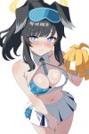  1girl absurdres animal_ears black_hair blue_archive blue_eyes blue_skirt breasts character_name cleavage clothes_writing dog_ears dog_girl eyewear_on_head halo hibiki_(blue_archive) hibiki_(cheer_squad)_(blue_archive) highres holding holding_pom_poms large_breasts looking_at_viewer midriff millennium_cheerleader_outfit_(blue_archive) navel official_alternate_costume pom_pom_(cheerleading) ponytail shiguren_39 short_hair sidelocks skirt solo standing star_sticker sticker_on_face sunglasses thighs two-tone_skirt white_skirt yellow_halo 