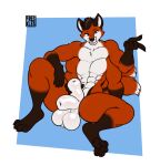  2023 2_tails 4_arms 4_pecs 4_toes 5_fingers animal_genitalia anthro artist_name balls blue_eyes brown_hair canid canine chipfox digital_media_(artwork) feet fingers fox freckles_(artist) fully_sheathed genitals gloves_(marking) hair leg_markings male mammal markings multi_arm multi_genitalia multi_limb multi_pecs multi_sheath multi_tail muscular muscular_anthro muscular_male nude pecs sheath signature simple_background socks_(marking) solo tail toes 