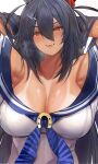  1girl absurdres animal_ears armpits arms_behind_head bare_shoulders black_hair blue_neckerchief blush breasts cleavage collarbone dark-skinned_female dark_skin hair_between_eyes hair_ornament hairclip highres hishi_amazon_(umamusume) horse_ears horse_girl inaba_(usanopo) large_breasts long_hair neckerchief red_eyes simple_background smile solo sweat tan tanlines teeth umamusume upper_body white_background 