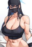  1girl abs absurdres black_hair black_headwear black_mask blue_archive blue_eyes blue_halo breasts cleavage collarbone commentary cromwellb crop_top gradient_background grey_background halo hat highres huge_breasts long_hair looking_at_viewer mask mouth_mask muscular muscular_female navel saori_(blue_archive) solo sweat 