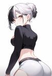  1girl :o absurdres alternate_costume alternate_hairstyle ass ass_focus back black_hair breasts crop_top from_behind grey_hair hair_bun hair_up highres hololive hololive_english koahri long_hair looking_at_viewer looking_back medium_breasts multicolored_hair shiori_novella single_hair_bun solo split-color_hair sweat virtual_youtuber yellow_eyes 