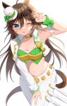  1girl absurdres ahoge animal_ears aqua_eyes bow brown_hair commentary_request green_bow green_shirt hair_between_eyes hat hat_bow highres horse_ears jacket kaoru_(h8qm9) long_hair long_sleeves looking_at_viewer mini_hat mini_top_hat mr._c.b._(umamusume) open_clothes open_jacket pants parted_lips shirt simple_background single_sleeve solo strapless strapless_shirt top_hat umamusume very_long_hair white_background white_headwear white_jacket white_pants 