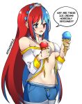  1340smile 1girl alear_(female)_(fire_emblem) alear_(fire_emblem) bare_shoulders bikini blue_eyes blue_hair blue_shorts braid breasts cleavage commentary_request cowboy_shot crown_braid d: fire_emblem fire_emblem_engage food hairband heterochromia highres holding holding_food ice_cream ice_cream_cone jacket large_breasts long_hair long_sleeves multicolored_hair navel off_shoulder open_mouth red_eyes red_hair shorts simple_background solo speech_bubble standing stomach swimsuit two-tone_hair very_long_hair white_background white_bikini white_jacket 